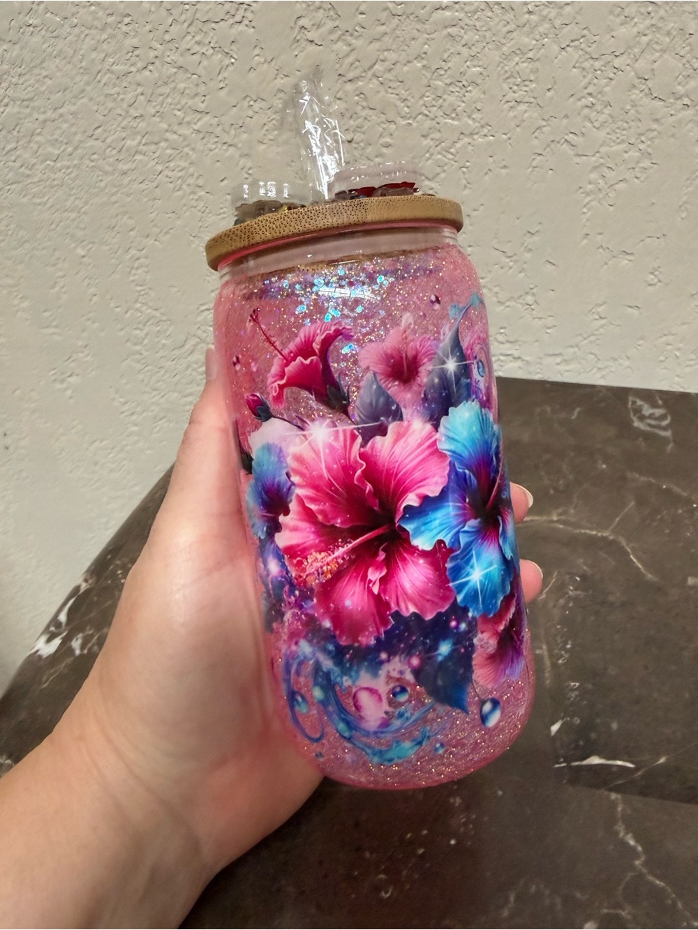 Pink Glitter Hibiscus Flower 12 oz Glass Tumbler Cup With Lid Handmade